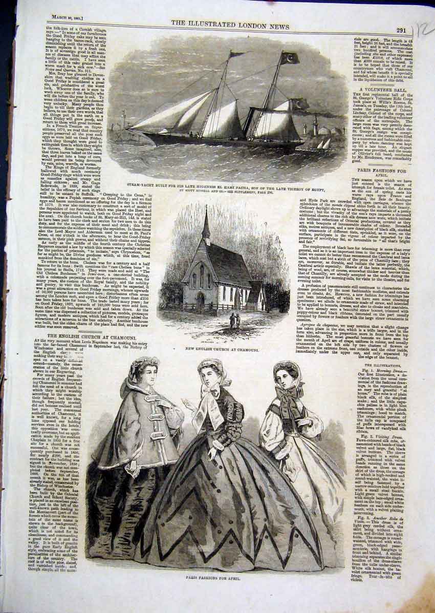 Original Old Antique Print Paris Fashion 1861 Church Chamouni Steam-Yacht Pacha