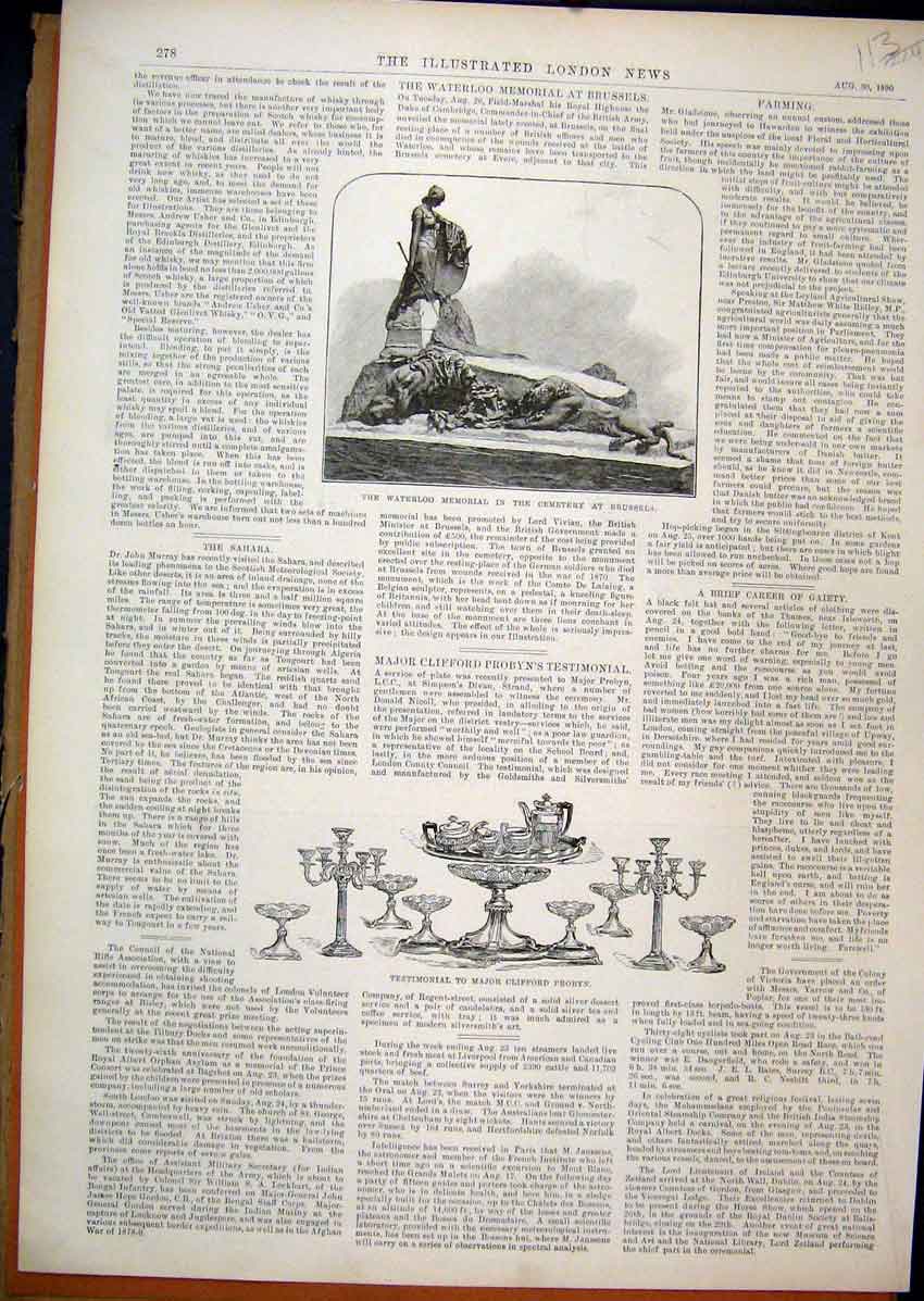 Original Old Antique Print Waterloo Memorial Brussels 1890 Major Clifford Probyn