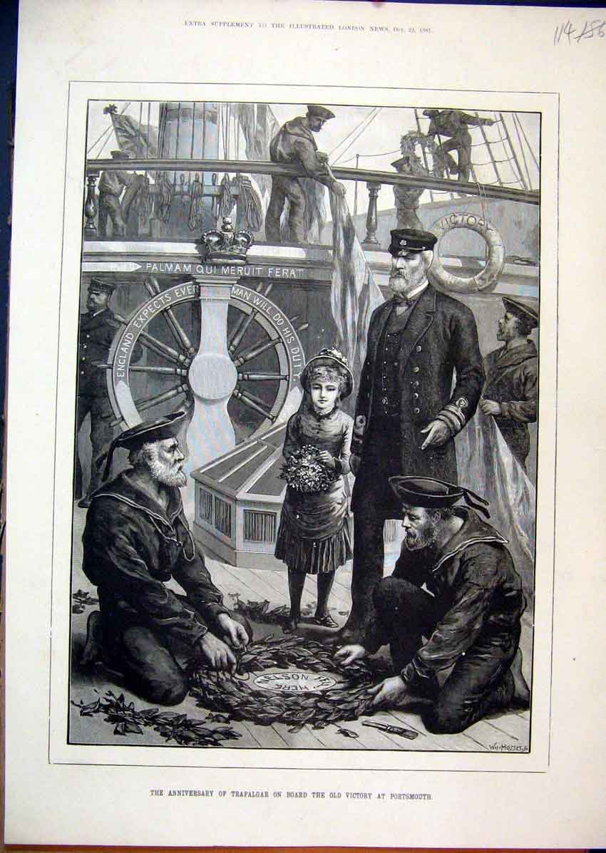Original Old Antique Print 1881 Anniversery Traflagar Victory Portsmouth Ship