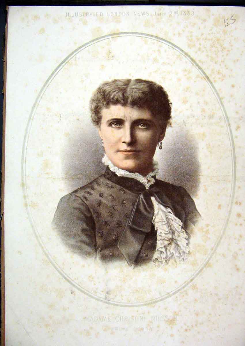 Original Old Antique Print 1883 Colour Portrait Madame Christine Nilsson Prima