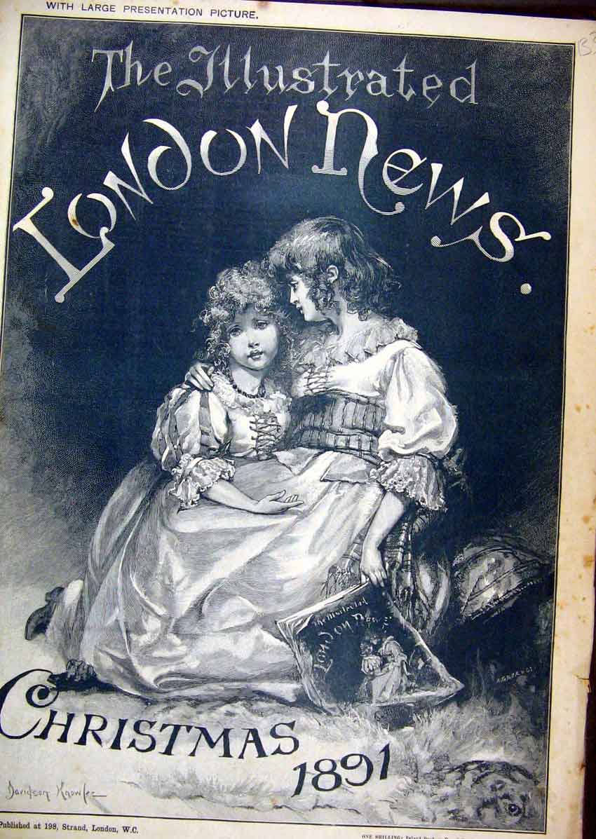 Original Old Antique Print 1891 Christmas Young Girls Hing Book Sitting 19th
