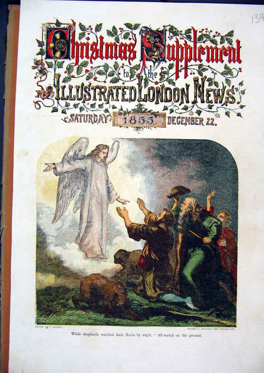 Original Old Antique Print 1855 Colour Christmas Shepherds Guardian Angel 19th