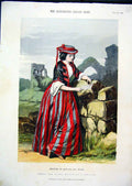 Original Old Antique Print Colour 1856 Beautiful Woman Reading Leter Rocks 19th