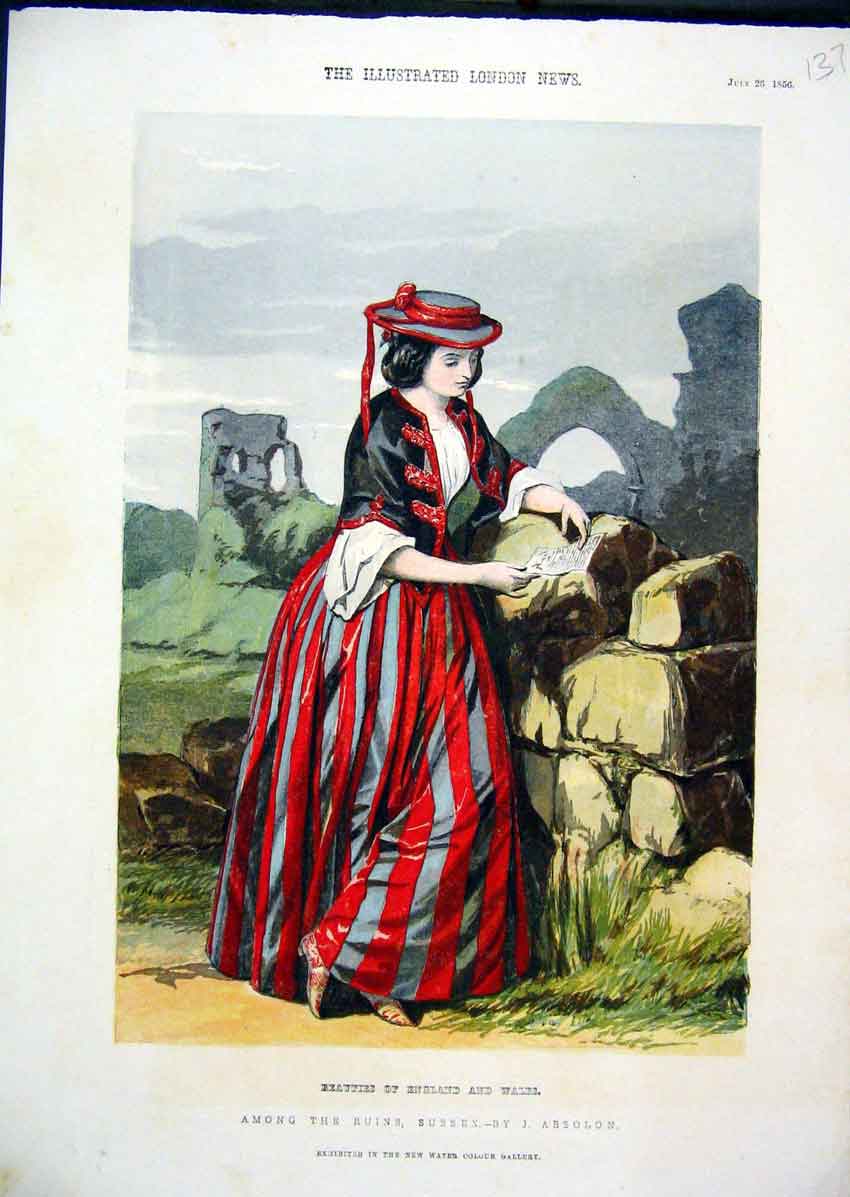 Original Old Antique Print Colour 1856 Beautiful Woman Reading Leter Rocks 19th