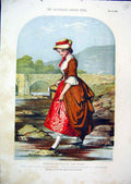 Original Old Antique Print 1856 Colour Squires Daughter Staffordshire River 19th