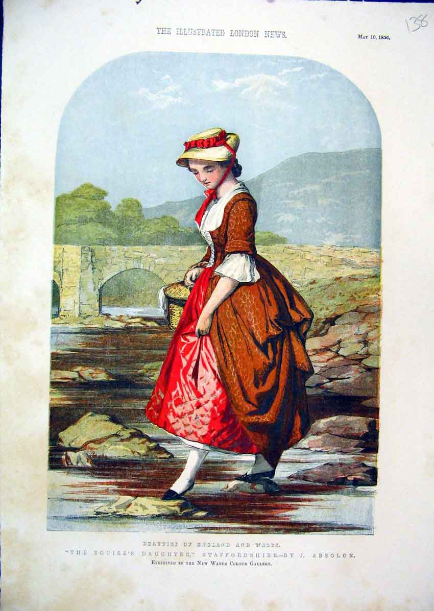 Original Old Antique Print 1856 Colour Squires Daughter Staffordshire River 19th