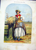 Original Old Antique Print Colour Worcestershire 1856 Woman Harvest Field 19th
