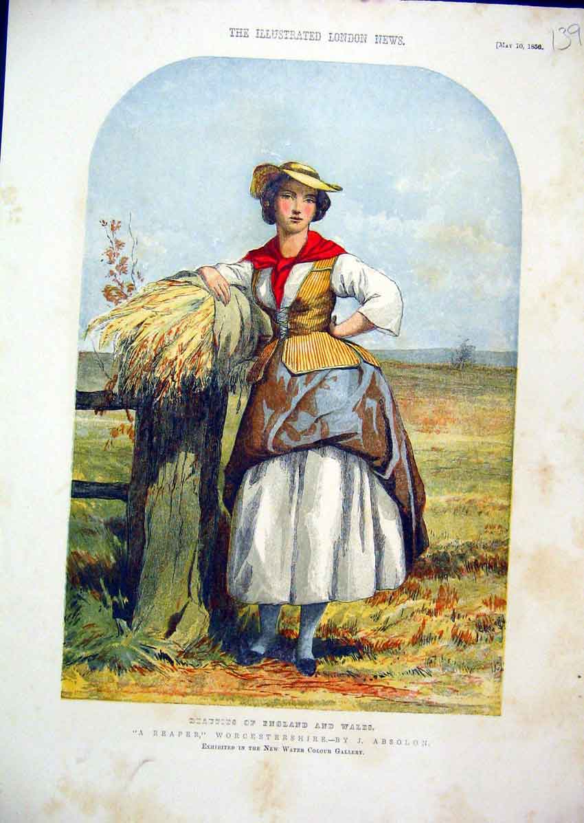 Original Old Antique Print Colour Worcestershire 1856 Woman Harvest Field 19th
