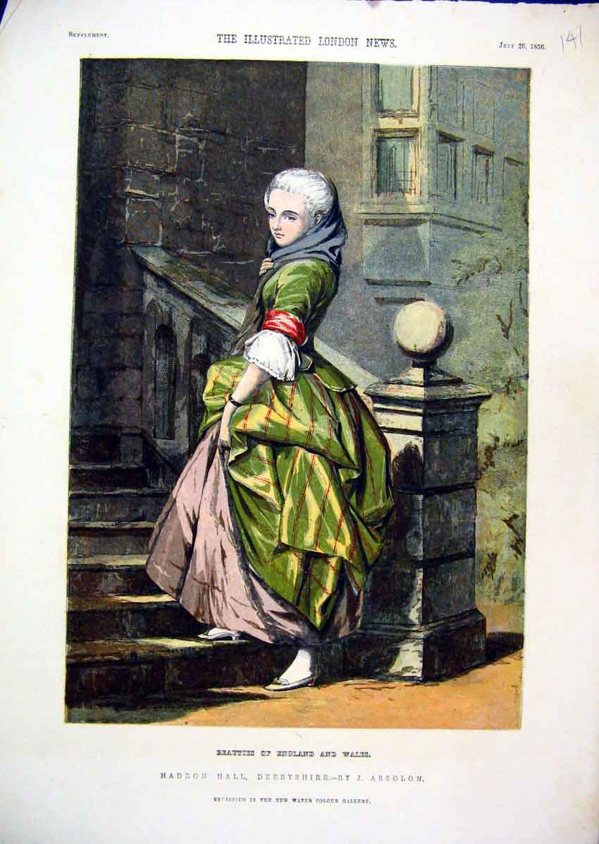 Original Old Antique Print Colour 1856 Haddon Hall Derbyshire Woman Step 19th
