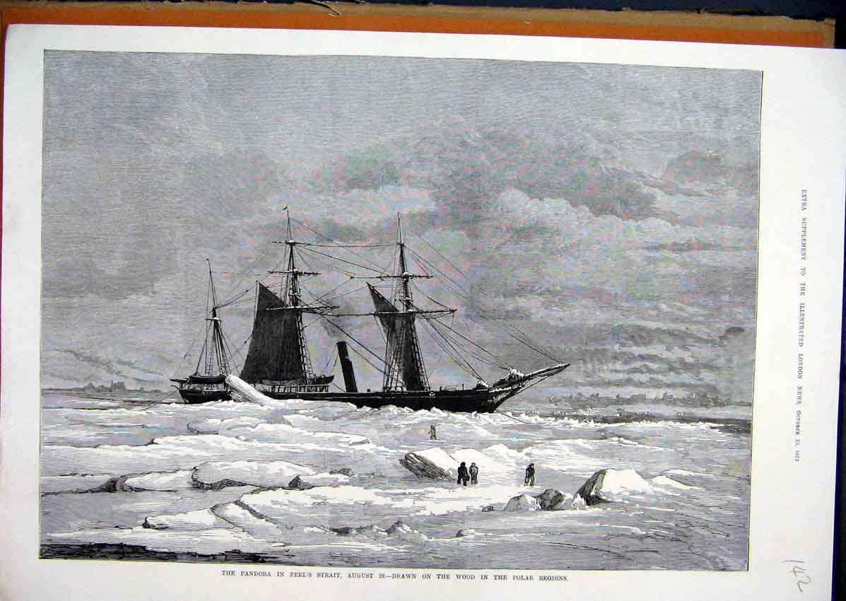 Original Old Antique Print Pandora Peels Strait 1875 Polar Regions Snow Ice Ship