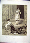 Original Old Antique Print 1888 Speia Little Girl Dogs Fedding Doorstep 19th