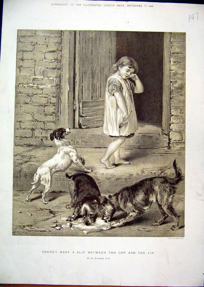 Original Old Antique Print 1888 Speia Little Girl Dogs Fedding Doorstep 19th