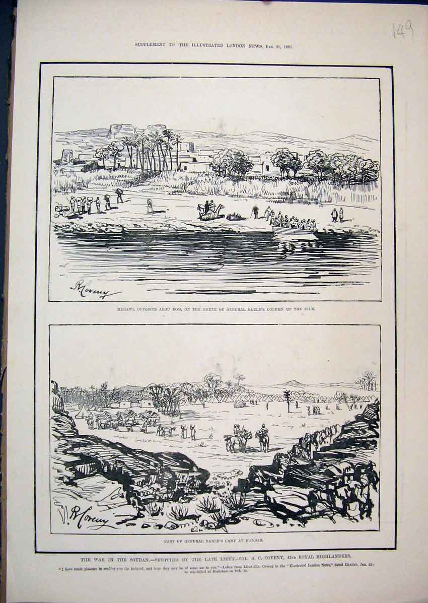 Old Antique Print 1885 War Soudan Merawi General Earl Camp Handar Sketch 19th