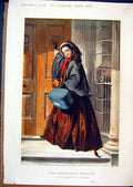 Original Old Antique Print 1857 Colour Christmas Woman House Knocking Victorian