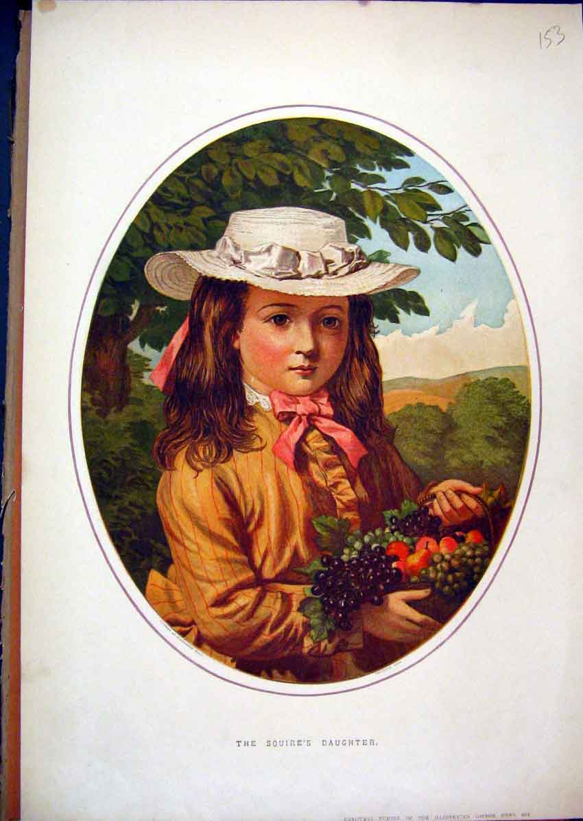 Original Old Antique Print C1850 Young Girl Fruit Hat Squires Daughter Colour