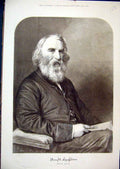 Original Old Antique Print 1882 Portrait Henry Longfellow Portrait Victorian