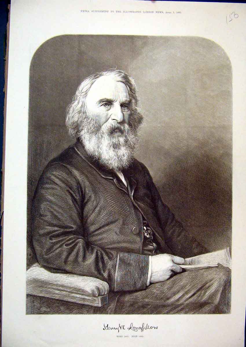 Original Old Antique Print 1882 Portrait Henry Longfellow Portrait Victorian