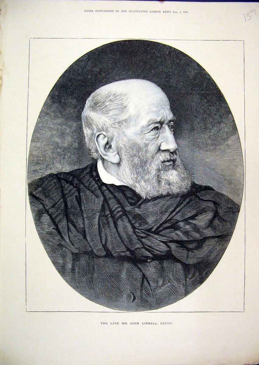 Original Old Antique Print 1882 Portrait Late John Linnell Artist 19th