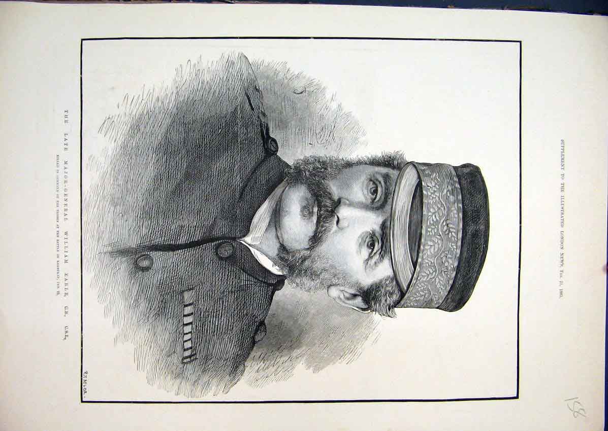 Original Old Antique Print 1885 Major General William Earl Battle Kerbekan 19th
