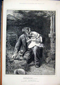 Original Old Antique Print Man Baby Arms Garden 1883 Country Scene Fine Art 19th