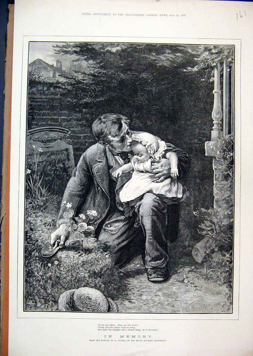 Original Old Antique Print Man Baby Arms Garden 1883 Country Scene Fine Art 19th