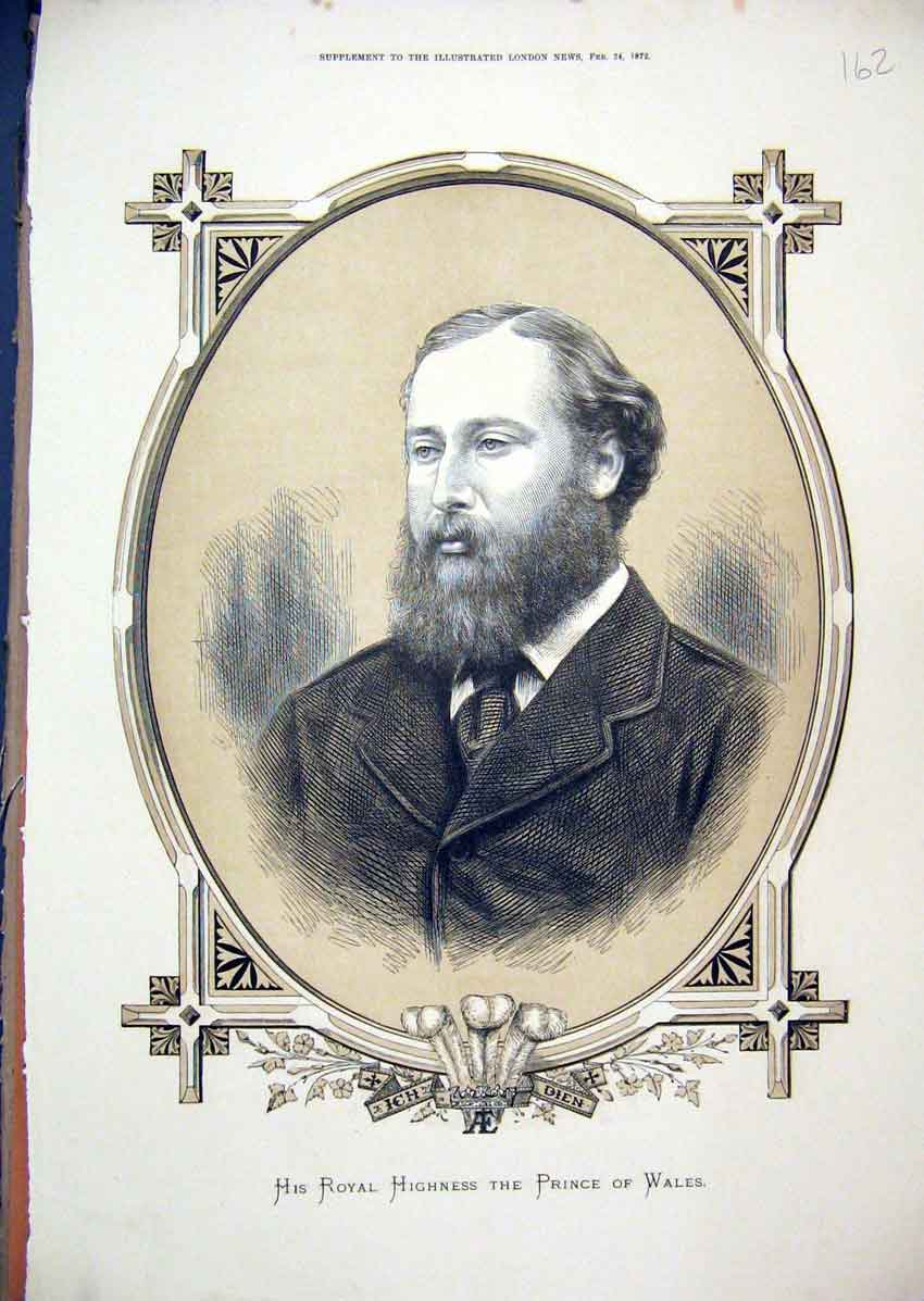 Original Old Antique Print 1872 Portrait Royal Highness Prince Wales Victorian