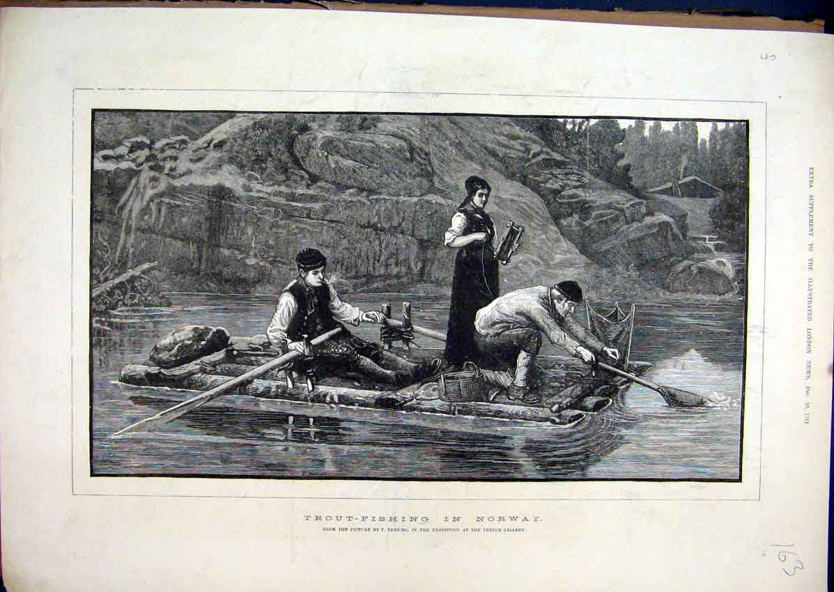 Original Old Antique Print 1881 Trout-Fishing Norway River Boat Nets Victorian