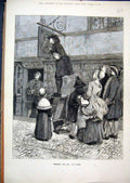 Original Old Antique Print 1873 Street Scene Restoring Sign Wig Maker Victorian