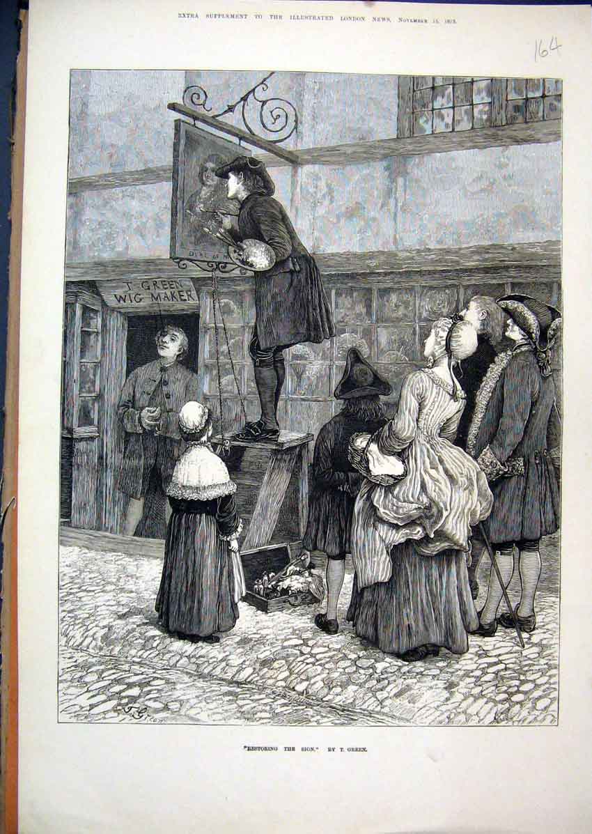 Original Old Antique Print 1873 Street Scene Restoring Sign Wig Maker Victorian