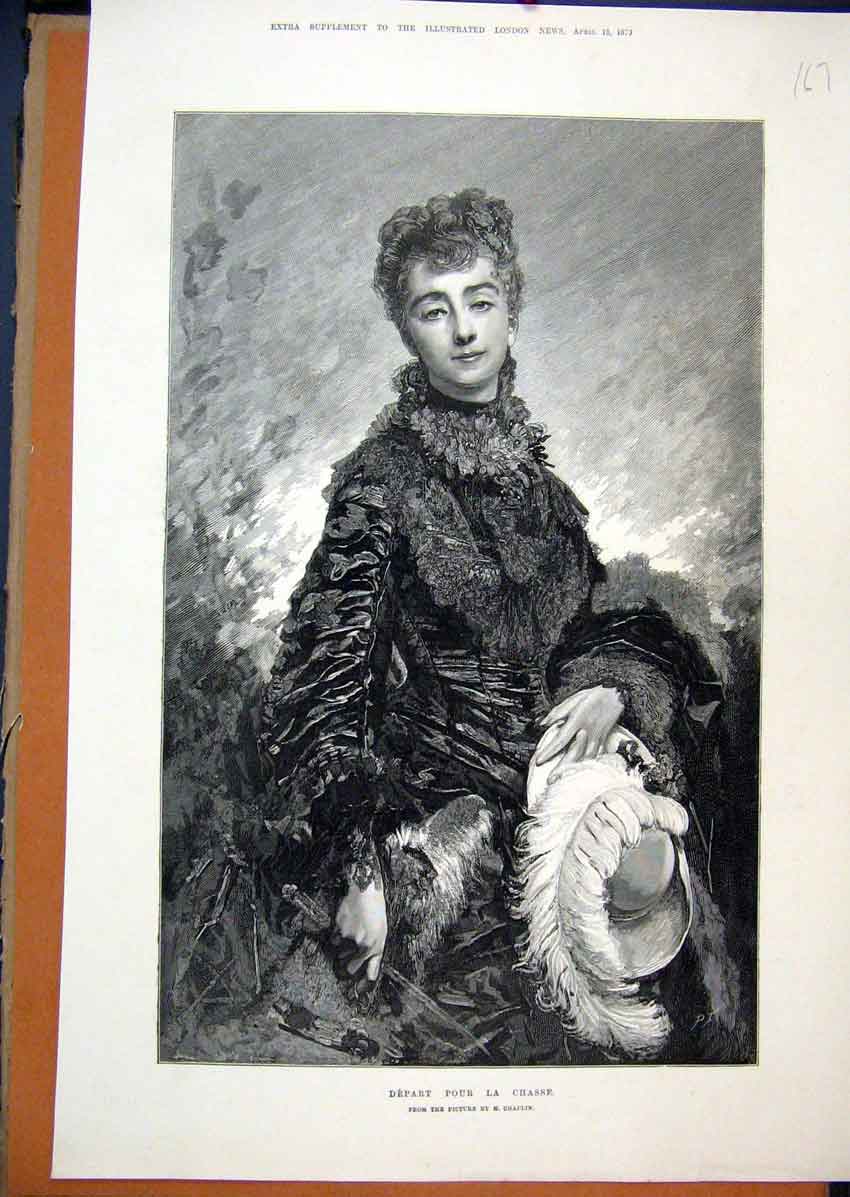 Original Old Antique Print 1873 Beautiful Woman Depart Pour La Chasse Victorian