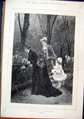 Original Old Antique Print Woman Young Girl 1875 Picking Flowers Country Scene