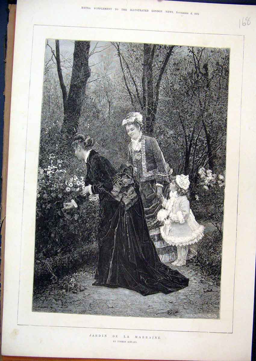 Original Old Antique Print Woman Young Girl 1875 Picking Flowers Country Scene