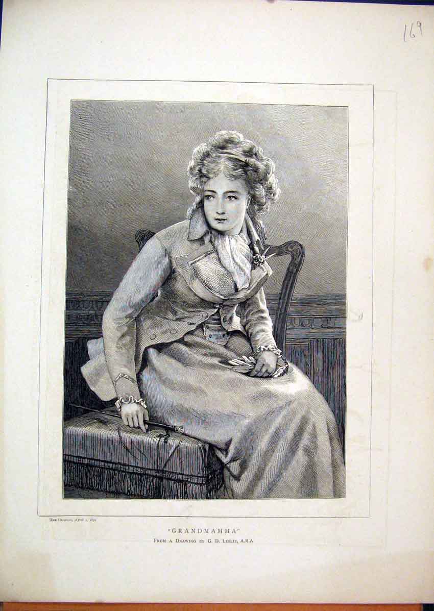 Original Old Antique Print 1870 Portrait Beautiful Young Woman Sitting Chair