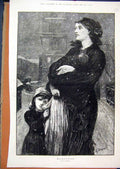 Original Old Antique Print 1876 Woman Children Homeless Street Snowing Fine Art