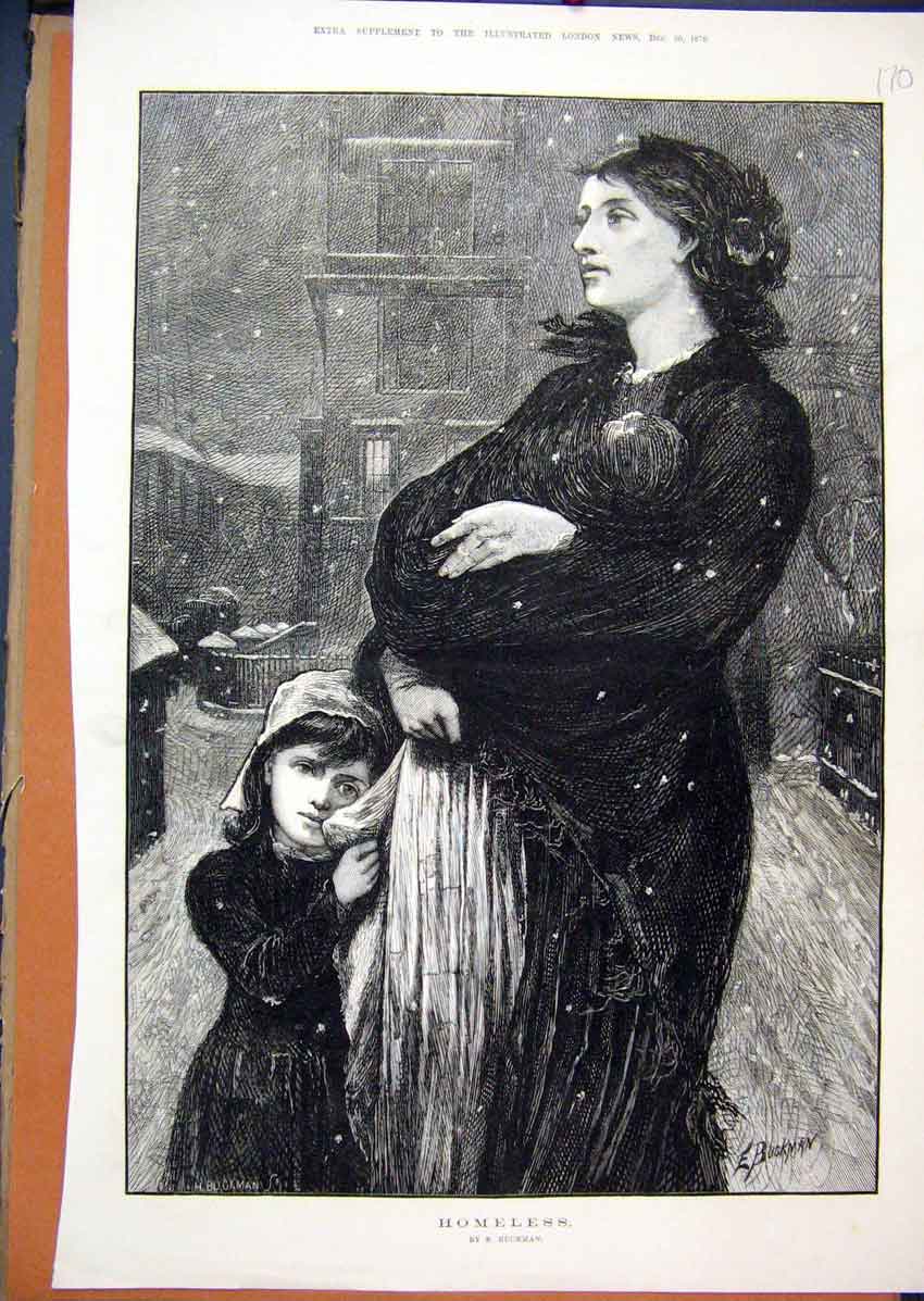 Original Old Antique Print 1876 Woman Children Homeless Street Snowing Fine Art