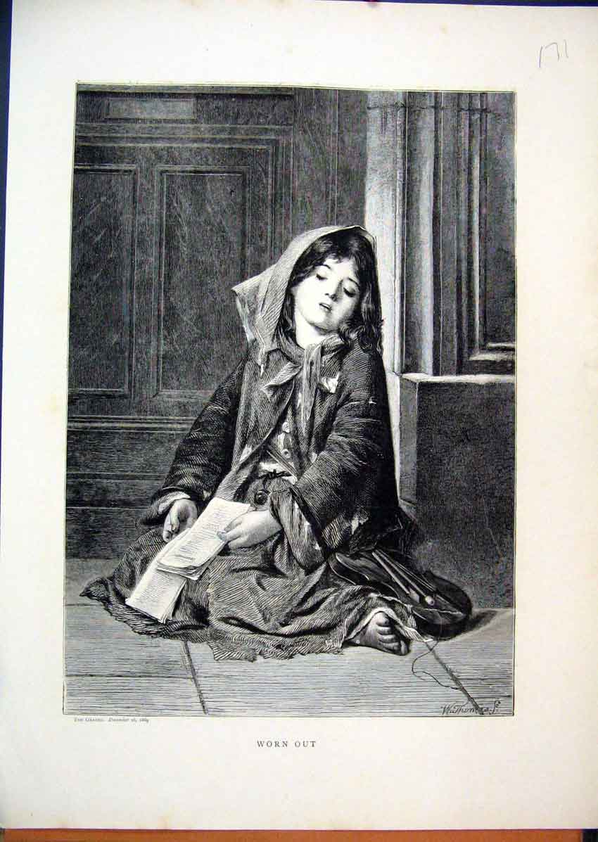 Original Old Antique Print 1869 Young Girl Sleeping Sitting Corner Victorian