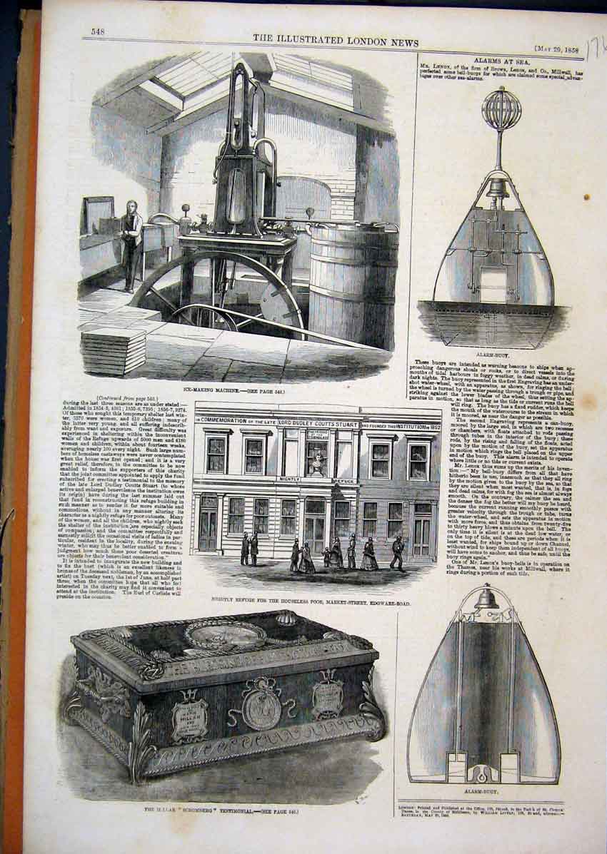 Original Old Antique Print 1858 Alarm Buoy Ice Machine Schomberg Fefuge Poor