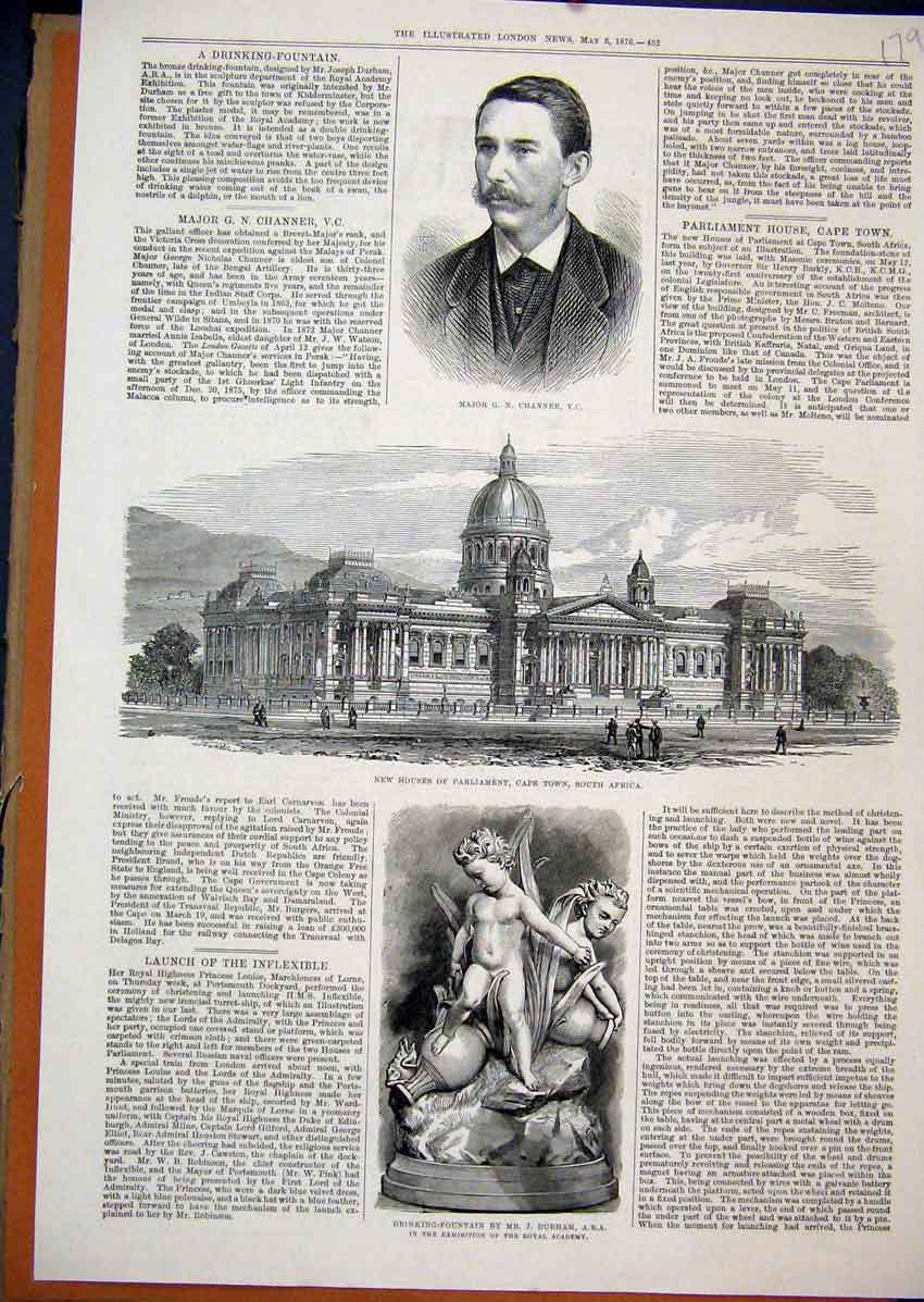 Old Antique Print 1876 Major Channer Parliament Africa Drinking Fountain 19th