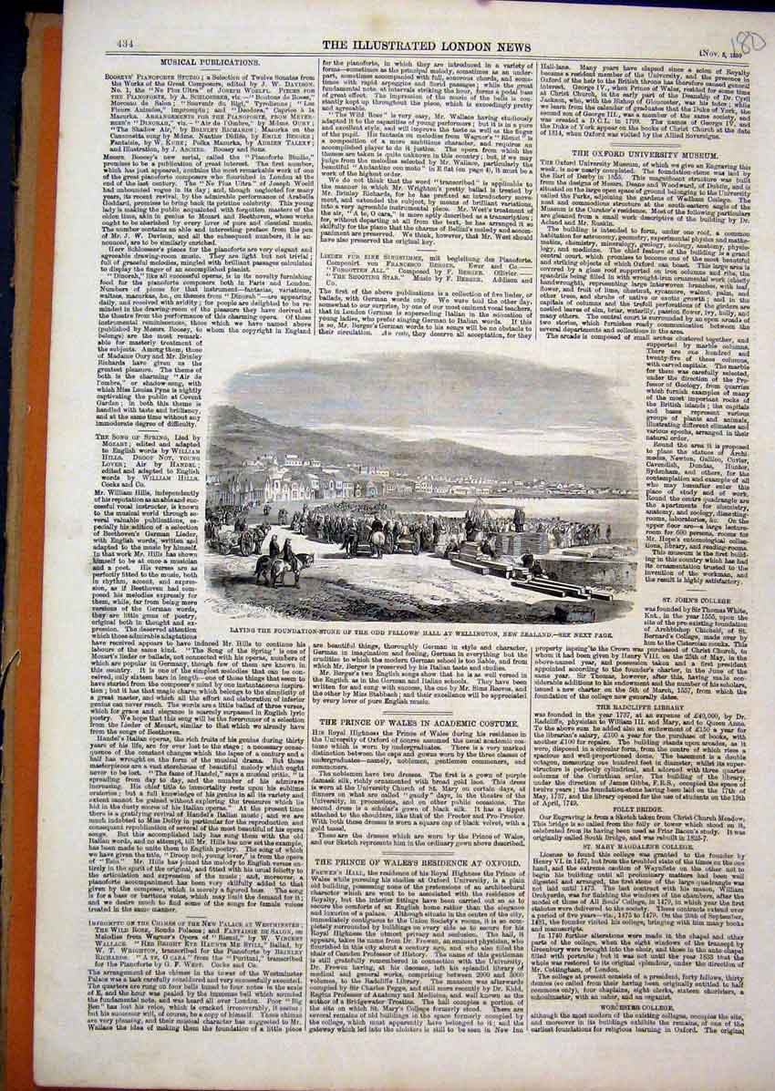 Old Antique Print Foundation Stone Fellow Hall New Zealand Wellington1859 19th