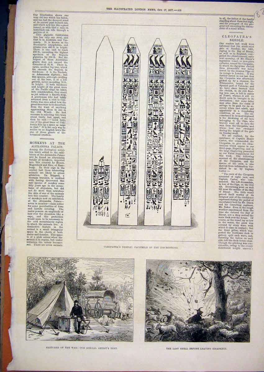 Original Old Antique Print 1877 Cleopatra Needle Inscriptions War Tent Sinankeui