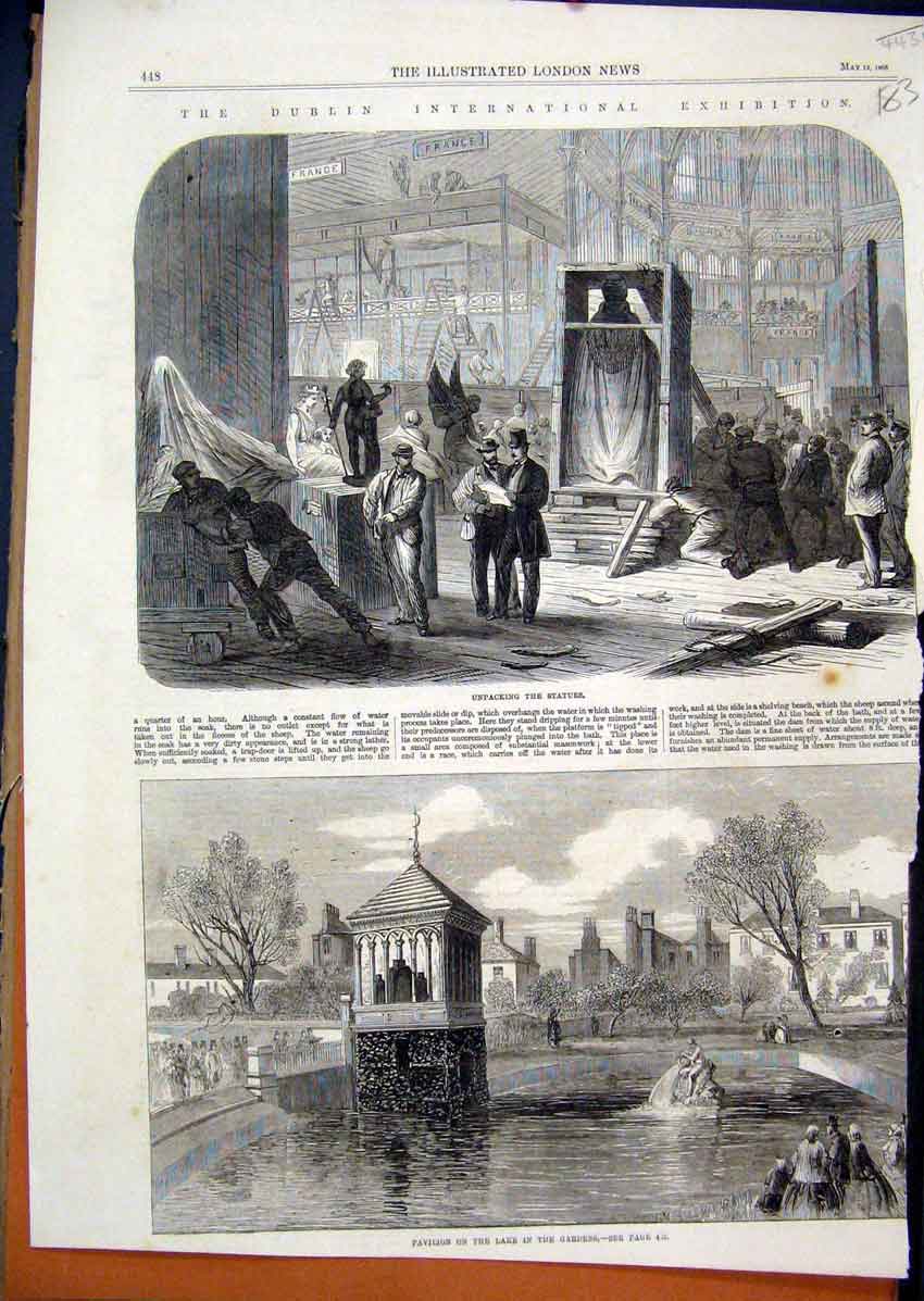 Original Old Antique Print 1865 Dublin Pavilion Lake Gardens Statue Exhibition