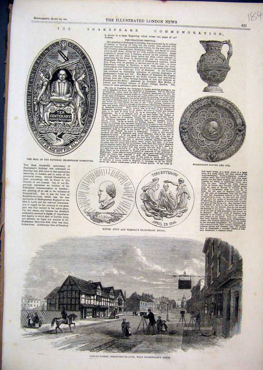 Original Old Antique Print 1864 Shakspeare House Henley Street Salver Jug Medal