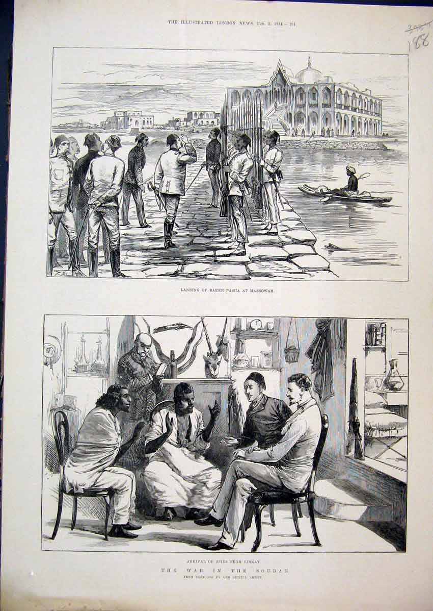 Original Old Antique Print 1884 War Soudan Baker Pasha Massowah Spies Sinkat