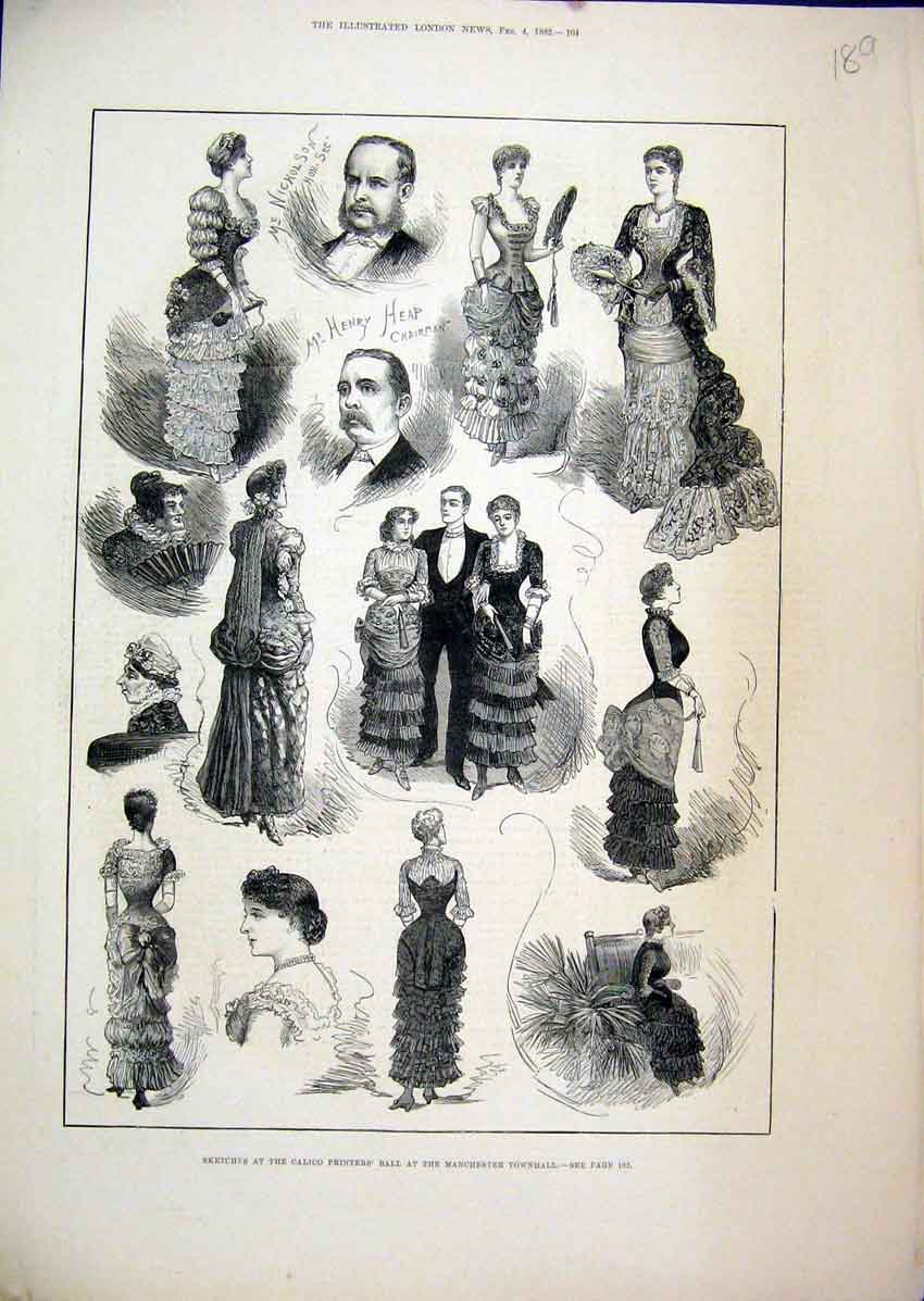 Original Old Antique Print 1882 Sketches Calico Ers Ball Machester Townhall 19th