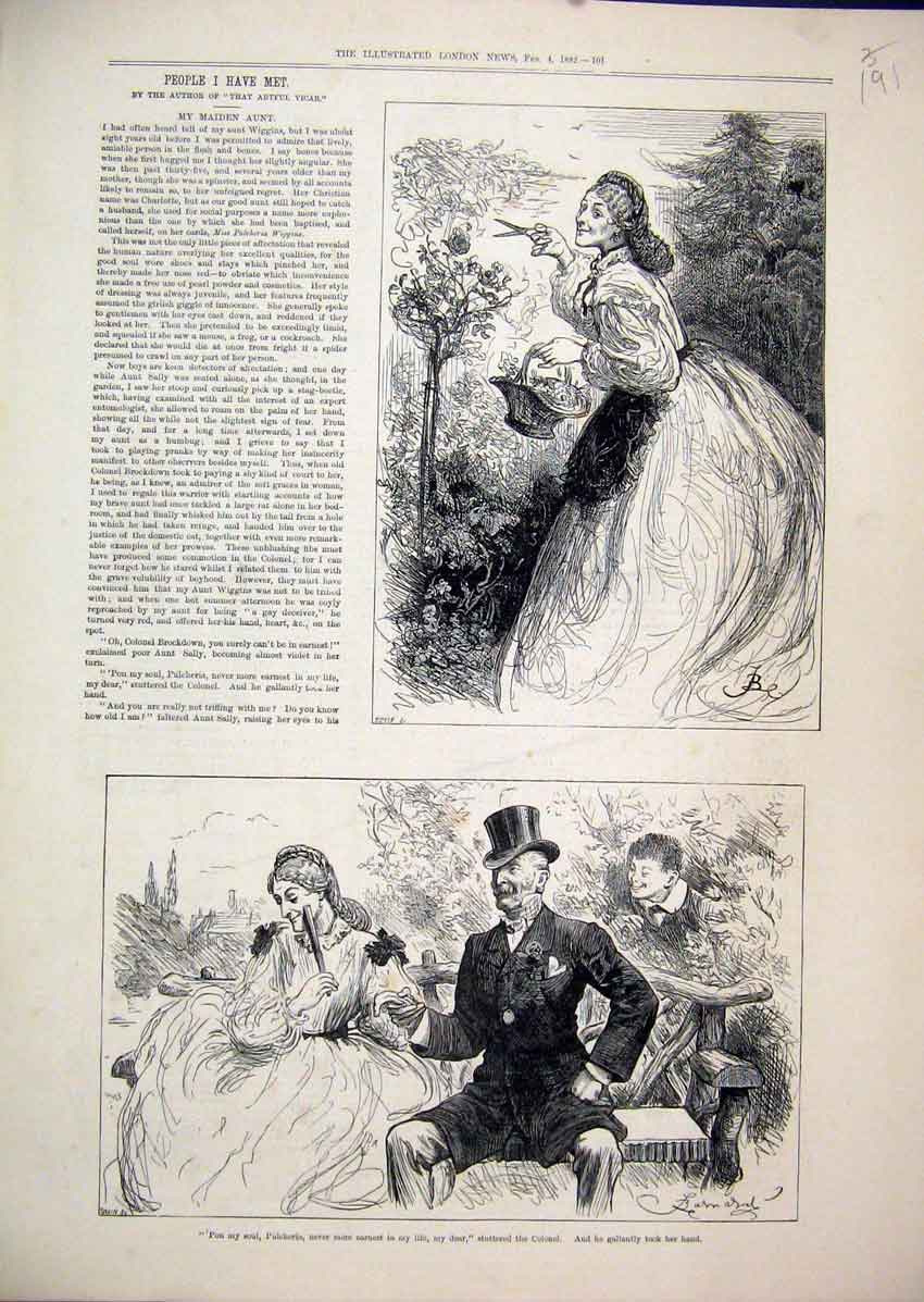Original Old Antique Print Pulcheria Colonel 1882 Sitting Bench Garden Romance