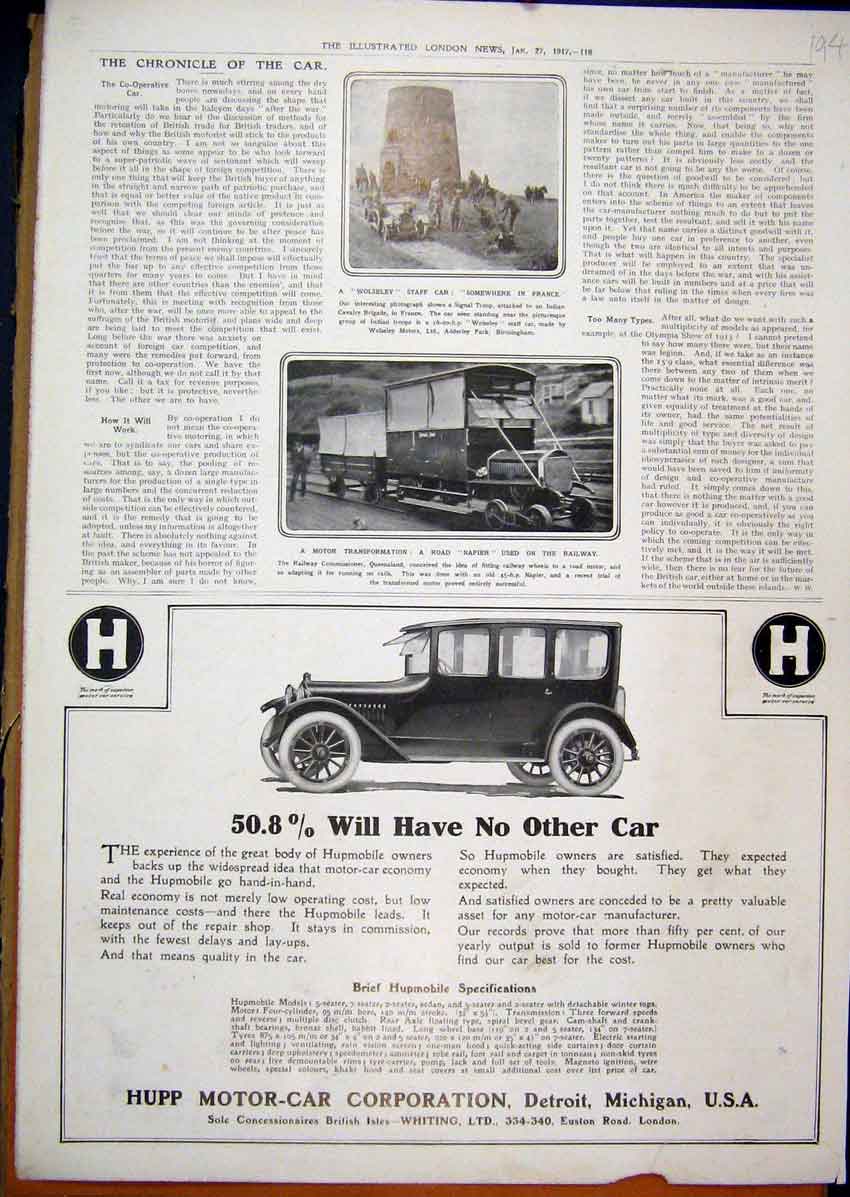 Original Old Vintage Print 1917 Advert Hupp Motor Car Detroit Michigan Wolseley