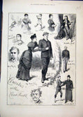 Original Old Antique Print 1883 Sketches Actors Court Theatre Comedy Artist 19th