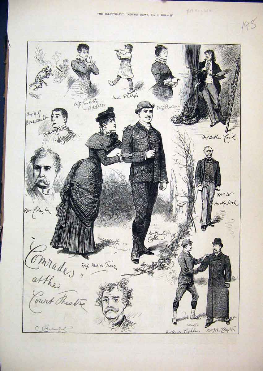 Original Old Antique Print 1883 Sketches Actors Court Theatre Comedy Artist 19th