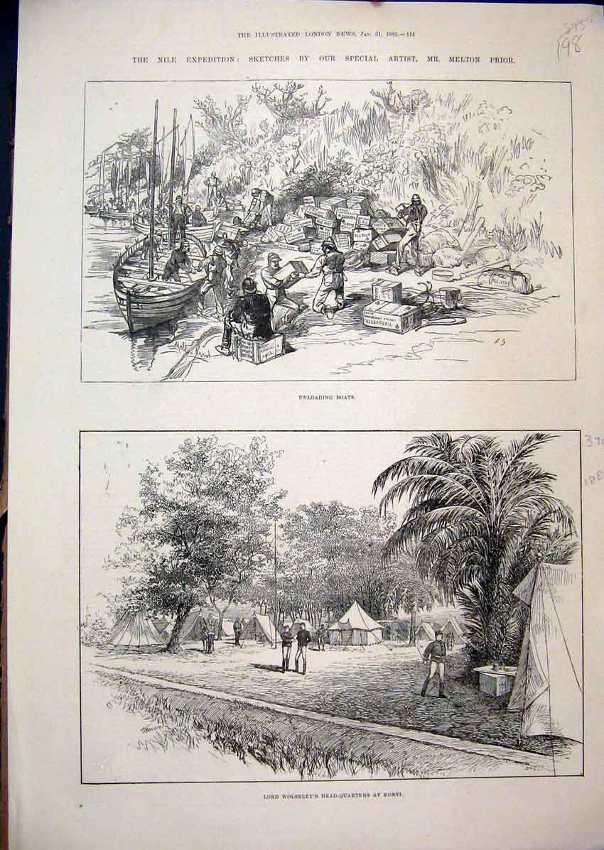 Old Antique Print 1885 Nile Expedition Wolseley Head-Quarters Korti Boats 19th