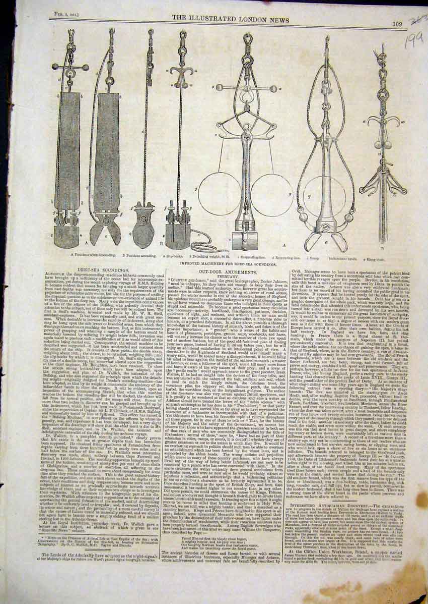 Old Antique Print 1861 Machinery Deap Sea Soundings Slip Hooks Slung Shot 19th